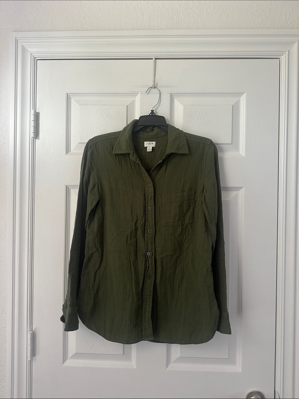 J Crew Double Gauze Button Up Shirt Dark Green Cotton Long Sleeve
